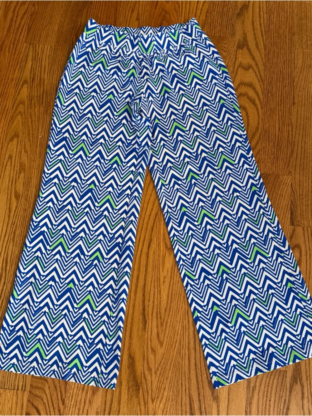 Melly M Wide Leg Chevron Print Pants in Blue, White & Green